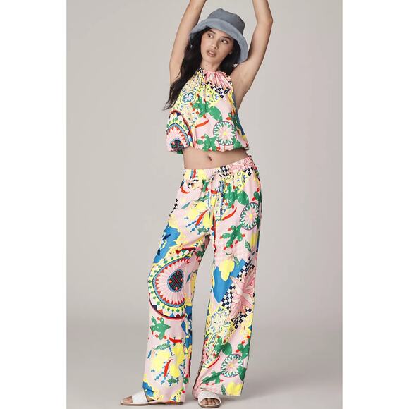 Maeve Anthropologie Pink Multicolor Print Straight Leg Silky Pull On Pants S NWT - Picture 2 of 13